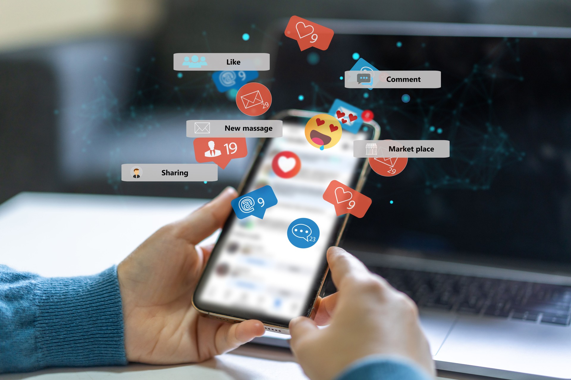 Social media communication digital online, people use smartphone play with icon online social media, online marketing, technology, chat, post, like, follow, Influencer marketing, marketplace at phone